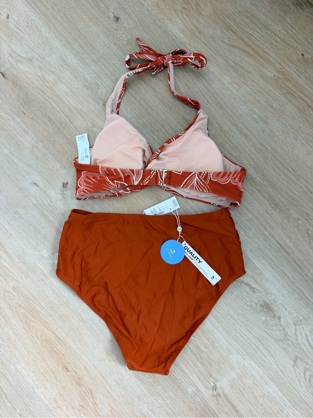 Cupshe Dark Orange Floral Halter Bikini Set - High Waist Tummy Control Medium - Picture 4 of 4